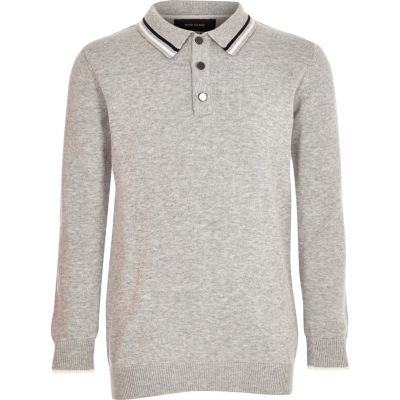 Boys grey knit long sleeve polo shirt